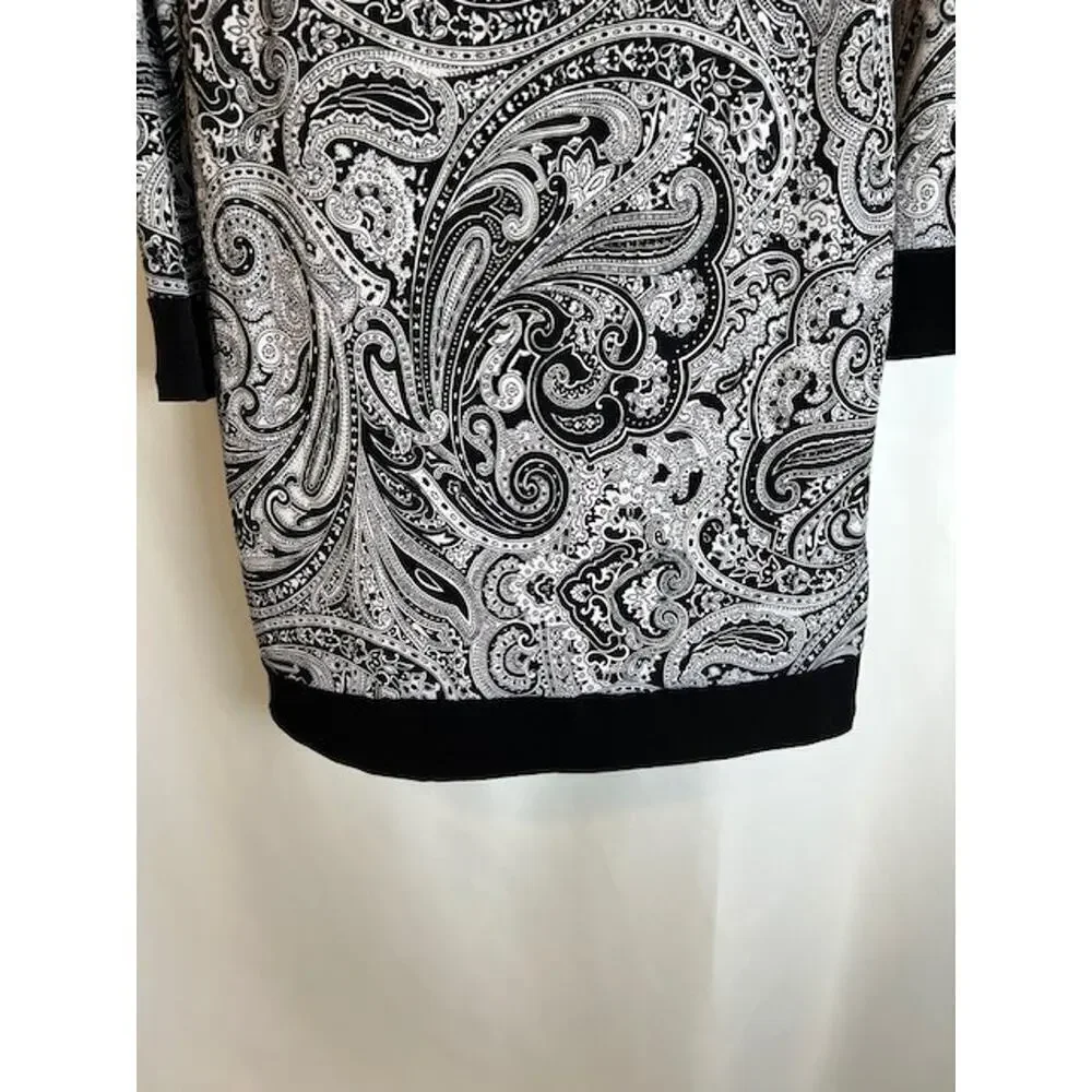 Michael Kors Dress Paisley Stretch White Black 3/4 Sleeves Size S